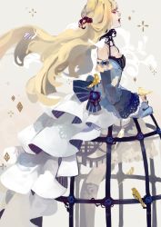 Rule 34 | 1girl, bird, birdcage, cage, closed eyes, detached sleeves, dress, from side, kaytseki, long hair, music, original, pale color, personification, simple background, singing, solo, wide sleeves