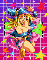 Rule 34 | 1girl, arm up, bare shoulders, blonde hair, breasts, cleavage, dark magician girl, duel monster, film grain, green eyes, hair between eyes, hat, highres, large breasts, long hair, one eye closed, open mouth, potiri02, retro artstyle, shadow, smile, solo, star (symbol), wizard hat, yu-gi-oh!, yu-gi-oh! duel monsters