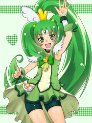 Rule 34 | 10s, 1girl, :d, arm up, armpits, bike shorts, bike shorts under skirt, bow, bowtie, brooch, choker, cure march, dress, green bow, green bowtie, green dress, green eyes, green hair, green shorts, green skirt, green theme, jewelry, long hair, magical girl, matching hair/eyes, midorikawa nao, open mouth, ponytail, precure, sakura6480, shorts, shorts under skirt, skirt, smile, smile precure!, solo, tri tails, wrist cuffs