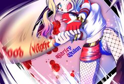 Rule 34 | 1girl, baseball bat, batman (series), belt, blue eyes, bracelet, breasts, choker, colored tips, dc comics, harley quinn, highres, jewelry, long hair, makeup, multicolored hair, suicide squad, tattoo, twintails, weapon