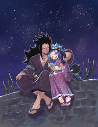 Rule 34 | 1boy, 1girl, :d, black hair, blue hair, brown kimono, chin piercing, cloud print, collarbone, ear piercing, closed eyes, fairy tail, floral print, frilled kimono, frills, full body, gajeel redfox, hair ornament, head tilt, highres, holding, japanese clothes, jewelry, kimono, levy mcgarden, long hair, nail polish, necklace, night, nose piercing, open mouth, outdoors, pantherlily, piercing, pink nails, print kimono, purple kimono, rusky, sky, smile, spiked hair, star (sky), star (symbol), star hair ornament, starry sky, toenail polish, toenails, twitter username, very long hair