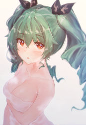 Rule 34 | 10s, 1girl, anchovy (girls und panzer), bad id, bad pixiv id, blush, breasts, cleavage, collarbone, drill hair, girls und panzer, green hair, hair between eyes, hair ribbon, highres, lips, long hair, looking at viewer, medium breasts, naked towel, open mouth, parted lips, red eyes, ribbon, rorona s., solo, towel, twin drills, twintails, upper body