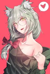 Rule 34 | 1girl, absurdres, animal ears, bad id, bad pixiv id, bare shoulders, bow, breasts, cat ears, cizzi, collarbone, glasses, green eyes, green hair, hair bow, hair ornament, hair ribbon, heart, highres, jacket, jacket on shoulders, long hair, looking at viewer, medium breasts, open mouth, original, red background, ribbon, round eyewear, shirt, solo