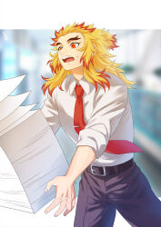 Rule 34 | 1boy, belt, black belt, black pants, blonde hair, blurry, blurry background, collared shirt, colored tips, falling, forked eyebrows, highres, holding, holding paper, kimetsu gakuen, kimetsu no yaiba, male focus, multicolored hair, necktie, open mouth, pants, paper, red hair, red necktie, remsor076, rengoku kyoujurou, shirt, solo, tie clip, white shirt