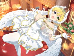 Rule 34 | 1girl, :3, ahoge, blonde hair, blue eyes, blush, breasts, chandelier, choker, cleavage, door, feather hair ornament, feathered wings, feathers, flower, gloves, green eyes, hair ornament, heterochromia, highres, jewelry, large breasts, looking at viewer, necklace, official art, open mouth, painting (object), pantyhose, pearl necklace, red carpet, ryouna (senran kagura), senran kagura, senran kagura new link, senran kagura shinovi versus, short hair, smile, solo, stairs, tiara, tile floor, tiles, tongue, wings