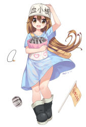Rule 34 | 10s, 1girl, :d, absurdres, arm up, artist name, bag, baseball cap, blue dress, boots, brown eyes, brown hair, clothes writing, commentary request, dated, dress, flag, full body, hair between eyes, hand on headwear, hat, hataraku saibou, heart, highres, holding, holding bag, long hair, looking at viewer, neps-l, open mouth, panties, platelet (hataraku saibou), round teeth, see-through, short sleeves, shoulder bag, simple background, smile, solo, standing, tareme, teeth, translation request, underwear, whistle, white background, white hat, wind, wind lift