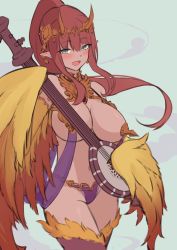 Rule 34 | 1girl, bare shoulders, bell orgel, blush, breasts, dark-skinned female, dark skin, fake horns, feathers, gandharva (monster girl encyclopedia), gradient wings, grey eyes, harem outfit, harpy, highres, holding, holding instrument, horned headwear, horns, instrument, large breasts, long hair, looking at viewer, monster girl, monster girl encyclopedia, monster girl encyclopedia ii, multicolored wings, navel, open mouth, pasties, pointy ears, ponytail, revealing clothes, see-through, sidelocks, sitar, solo, tiara, winged arms, wings, yellow feathers, yellow wings