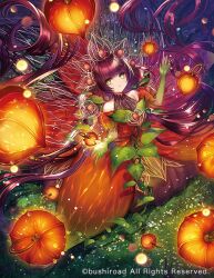 Rule 34 | 1girl, blunt bangs, cardfight!! vanguard, chinese lantern (plant), closed mouth, colored skin, copyright notice, crown, detached sleeves, dress, expressionless, floating, floating object, floral dress, from above, full body, gown, gradient skin, green eyes, green skin, leaf, lens flare, light particles, long hair, looking at viewer, looking up, low twintails, maiden of irradiate, multicolored skin, official art, on grass, orange dress, plant, puffy detached sleeves, puffy short sleeves, puffy sleeves, purple hair, rinko (mg54), short sleeves, sitting, sleeveless, sleeveless dress, solo, twintails, very long hair, vines