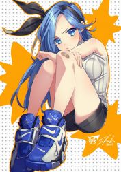 Rule 34 | 1girl, bandaid, bandaid on knee, bandaid on leg, bare arms, bare shoulders, black bow, black footwear, black hairband, blue eyes, blue footwear, blue hair, blush, borrowed character, bow, breasts, closed mouth, commission, copyright request, full body, grey sweater, hair bow, hairband, halftone, head tilt, highres, long hair, looking at viewer, medium breasts, nike (company), pout, samei ikusa, signature, sitting, skeb commission, sleeveless, sleeveless sweater, solo, sweater