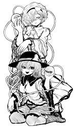 Rule 34 | 2girls, absurdres, boots, bow, breasts, buttons, commentary request, diamond button, eyeball, frilled shirt collar, frilled skirt, frilled sleeves, frills, full body, greyscale, hair ornament, hair over one eye, hat, hat bow, heart, heart hair ornament, heart of string, highres, komeiji koishi, komeiji satori, long sleeves, looking at viewer, medium breasts, messy hair, miazuma sarin, monochrome, multiple girls, open mouth, short hair, siblings, simple background, sisters, skirt, smile, third eye, touhou, wavy hair, wide sleeves