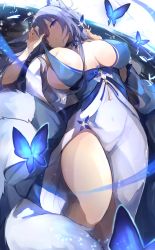 Rule 34 | 1girl, absurdres, animal ear fluff, animal ears, areola slip, azur lane, bare shoulders, blue butterfly, blue dress, blue eyes, blush, breasts, bug, butterfly, covered erect nipples, dress, feather boa, fox ears, grey hair, hair ornament, highres, insect, kitsune, large breasts, long hair, looking at viewer, lying, multiple tails, on back, purple eyes, ribbon, see-through, shinano (azur lane), shinano (dreams of the hazy moon) (azur lane), solo, tail, tomochi (tmc tmc8)