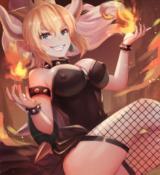 Rule 34 | 1girl, aqua eyes, armlet, black dress, black theme, black thighhighs, blonde hair, blue gemstone, bowsette, bracelet, breasts, cleavage, collar, commentary request, covered erect nipples, covered navel, dolce (dolsuke), dress, earrings, fingernails, fire, fireball, fishnet thighhighs, fishnets, food, fruit, gem, horns, jewelry, large breasts, long fingernails, long hair, looking at viewer, mario (series), nail polish, new super mario bros. u deluxe, nintendo, orange (fruit), pointy ears, ponytail, pyrokinesis, sharp fingernails, sharp teeth, sleeveless, sleeveless dress, smile, solo, spiked armlet, spiked bracelet, spiked collar, spiked shell, spikes, strapless, strapless dress, super crown, teeth, thighhighs, unmoving pattern