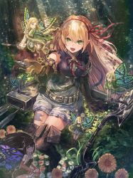Rule 34 | 6+girls, :d, arisa (shadowverse), arm support, arrow (projectile), belt, belt pouch, blonde hair, boots, bow (weapon), breasts, brown footwear, brown gloves, brown hair, commentary request, daisy, day, dress, elbow gloves, elbow rest, fairy, fairy wings, flower, flying, forest, gloves, green eyes, hair ribbon, hair tubes, hairband, head rest, highres, holding, holding sword, holding weapon, kuroi susumu, light rays, long hair, long sleeves, looking at viewer, low twintails, medium breasts, mini person, minigirl, multiple girls, nature, open mouth, outdoors, outstretched arm, pointy ears, pouch, quiver, red ribbon, ribbon, shadowverse, sheath, sheathed, shirt, sitting, skirt, sleeveless, sleeveless shirt, smile, sword, sword behind back, thigh boots, thighhighs, twintails, weapon, wings