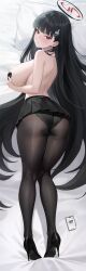 Rule 34 | 1girl, absurdres, ass, black footwear, black hair, black pantyhose, black skirt, blue archive, blunt bangs, blush, breasts, commentary, dakimakura (medium), english commentary, grabbing own breast, hair ornament, hairclip, halo, heart pasties, high heels, highres, large breasts, long hair, looking at viewer, pantyhose, pasties, pillow, preview (preview0), pumps, red eyes, rio (blue archive), shoes, sideboob, skirt, solo, stiletto heels, topless, v-shaped eyebrows, very long hair