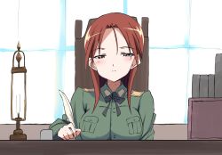 Rule 34 | blush, breast rest, breasts, closed mouth, highres, indoors, large breasts, long hair, military, military uniform, minna-dietlinde wilcke, quill, rafale1008, red eyes, red hair, strike witches, table, uniform, upper body, window, world witches series