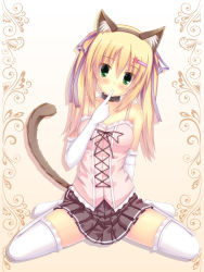 Rule 34 | 1girl, absurdres, animal ears, bad id, bad pixiv id, bare shoulders, blonde hair, blush, cat ears, cat tail, collar, collarbone, elbow gloves, fake animal ears, finger to mouth, gloves, green eyes, hair ornament, hair ribbon, hairband, hairclip, head tilt, highres, ichiroku, looking at viewer, original, pleated skirt, ribbon, sena (ichiroku), sitting, skirt, solo, tail, thighhighs, wariza, white thighhighs