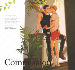 Rule 34 | 2boys, adam parrish, ass grab, between legs, bishounen, black hair, black tank top, black wristband, blonde hair, blue eyes, buzz cut, catbishonen, closed eyes, clothes lift, commission, couple, day, english text, freckles, full body, highres, imminent kiss, indoors, lyrics, male focus, multiple boys, on counter, pants, plant, potted plant, red shorts, ronan lynch, shirt, shirt lift, short hair, shorts, sitting, smile, socks, tank top, the raven cycle, torn clothes, torn pants, very short hair, white shirt, white socks, yaoi