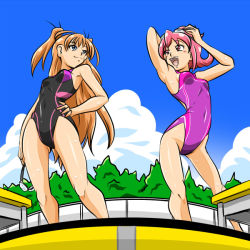 Rule 34 | 10s, 2girls, aida mana, black one-piece swimsuit, blue eyes, brown hair, cloud, competition swimsuit, day, dokidoki! precure, flipped hair, from below, houjou hibiki, kogane (staygold), long hair, multiple girls, one-piece swimsuit, pink eyes, pink hair, precure, purple one-piece swimsuit, short hair, sky, smile, suite precure, swimsuit, two side up