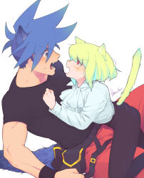 Rule 34 | 2boys, androgynous, animal ears, armband, ascot, belt, black belt, black pants, black shirt, blue eyes, blue hair, blush, buzz cut, cat boy, cat ears, cat tail, commentary request, dog boy, dog ears, dog tail, fangs, firefighter, frown, galo thymos, green hair, highres, kome 1022, lio fotia, long sleeves, looking at another, male focus, multicolored eyes, multiple boys, open mouth, orange eyes, pants, pink eyes, promare, red pants, shirt, short hair, short sleeves, sidelocks, simple background, sitting, sitting on person, sweatdrop, tail, very short hair, white background, white shirt, yaoi