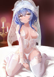 Rule 34 | 1girl, absurdres, bare shoulders, bed, blue hair, blurry, blurry background, breasts, breasts apart, bridal veil, candle, candlestand, clothing cutout, collarbone, covered erect nipples, cowlick, detached sleeves, evasong, ganyu (genshin impact), genshin impact, gradient background, hair between eyes, halterneck, highres, lace, lace-trimmed legwear, lace-trimmed panties, lace sleeves, lace trim, light blush, lingerie, medium breasts, medium hair, navel, navel cutout, on bed, panties, purple eyes, see-through, sidelocks, sitting, smile, solo, string panties, thighhighs, underwear, underwear only, veil, wariza, white panties, white thighhighs