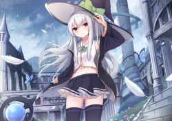 Rule 34 | 1girl, blush, bug, building, butterfly, day, feathers, grey hair, hand on headwear, hat, highres, holding, holding staff, insect, jacket, long hair, looking at viewer, midriff, navel, open clothes, open jacket, original, outdoors, pleated skirt, red eyes, skirt, smile, solo, staff, thighhighs, touhourh, wind, witch hat