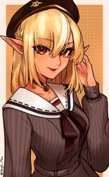 Rule 34 | 1girl, blonde hair, blush, border, bow, bowtie, brown bow, brown bowtie, brown hat, dark-skinned female, dark skin, dress, grey dress, hat, highres, hololive, jewelry, long hair, long sleeves, looking at viewer, necklace, pointy ears, red eyes, sailor collar, shiranui flare, shiranui flare (street), signature, smile, solo, striped clothes, striped dress, vergil mon, virtual youtuber, white border, white sailor collar