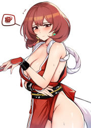 Rule 34 | 1girl, absurdres, black survival, blush, breasts, brown eyes, brown hair, cleavage, collarbone, cosplay, cowboy shot, earrings, embarrassed, fatal fury, feet, hand fan, highleg, highres, jewelry, kisa (leg3043), large breasts, matching hair/eyes, medium hair, name connection, revealing clothes, shiranui mai, shiranui mai (cosplay), simple background, solo, sweat, tearing up, the king of fighters, tran quynh mai, white background