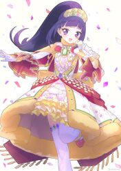 Rule 34 | 1girl, :d, absurdres, blue gemstone, blunt bangs, blush, confetti, dress, foot out of frame, fur-trimmed dress, fur collar, fur trim, gem, gloves, green gemstone, hanazono shuka, highres, holding, holding microphone, idol clothes, idol time pripara, long hair, looking at viewer, microphone, nkohime, open mouth, pink gemstone, ponytail, pretty series, pripara, purple eyes, purple hair, smile, solo, standing, standing on one leg, tassel, thighhighs, third-party source, tiara, twitter username, white background, white dress, white gloves, white thighhighs