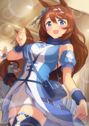 Rule 34 | 1girl, animal ears, bag, blue bow, blue dress, blue thighhighs, blush, bow, braid, breasts, brown hair, commentary request, cowboy shot, dress, hair bow, hair ornament, hair scrunchie, highres, horse ears, indoors, large breasts, lens flare, long hair, looking at viewer, multicolored hair, open mouth, reflection, scrunchie, shoulder bag, sidelocks, skirt hold, smile, solo, sparkle, streaked hair, super creek (umamusume), thighhighs, twitter username, umamusume, very long hair, wrist cuffs, yasa hattori