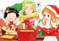 Rule 34 | 1girl, 2boys, ?, animal costume, black eyes, black hair, blush, boned meat, box, christmas, christmas tree costume, earrings, eating, eye contact, facial scar, food, gift, gift box, green hair, highres, holding, holding food, jewelry, letter, long hair, looking at another, meat, monkey d. luffy, multiple boys, nami (one piece), one eye closed, one piece, orange hair, quill, reindeer costume, roronoa zoro, santa costume, sashimi0111, scar, scar across eye, scar on cheek, scar on face, short hair, sideburns, simple background, single earring, smile, spoken question mark, sweatdrop, upper body, white background