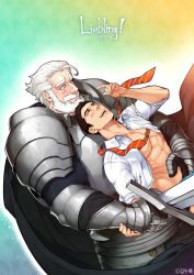 Rule 34 | 2boys, abs, armor, artist name, bara, bare pectorals, beard, black hair, blue eyes, blush, brown eyes, cape, collared shirt, couple, facial hair, gauntlets, highres, hug, large pectorals, leopold (senjuushi), liebling, looking at another, male focus, manly, mature male, multiple boys, muscular, muscular male, necktie, unworn necktie, old, old man, open clothes, open mouth, open shirt, original, pectorals, scar, scar on chest, shirt, shoulder pads, smile, spiked hair, sword, taehoon park, teeth, tight clothes, tongue, user cesh5454, weapon, white hair, yaoi