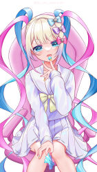 Rule 34 | 1girl, absurdres, blonde hair, blue bow, blue eyes, blue hair, blue nails, blush, bow, candy, candy wrapper, chair, chouzetsusaikawa tenshi-chan, feet out of frame, food, hair bow, hair ornament, heart, heart hair ornament, highres, holographic clothing, long hair, long sleeves, looking at viewer, multicolored hair, multicolored nails, multiple hair bows, needy girl overdose, pink bow, pink hair, pink nails, pleated skirt, purple bow, quad tails, sailor collar, sakurada btt, school uniform, serafuku, sitting, skirt, smile, solo, tongue, tongue out, very long hair, white background, yellow bow, yellow nails