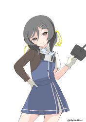Rule 34 | 1girl, absurdres, arm warmers, black hair, blue dress, diagonal-striped clothes, diagonal-striped necktie, dress, gloves, grey sailor collar, gun, hair between eyes, hair ornament, hairclip, highres, inagi (kancolle), kantai collection, looking at viewer, necktie, one-hour drawing challenge, ribbon, sailor collar, simple background, single arm warmer, solo, standing, striped clothes, toplow, twitter username, weapon, white background, white gloves, yellow ribbon