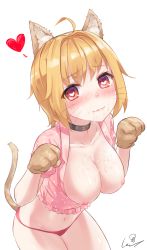 Rule 34 | 1girl, :3, ahoge, animal ears, blonde hair, blush, breasts, breasts out, cat ears, cat tail, cleavage, closed mouth, collar, collarbone, cowboy shot, crop top, cum, cum on body, cum on breasts, cum on upper body, facial, facial mark, frills, hands up, heart, heart-shaped pupils, highres, large breasts, legs together, long hair, looking at viewer, navel, nipples, nose blush, original, paw pose, red eyes, saliva, short sleeves, simple background, smile, solo, suggestive fluid, symbol-shaped pupils, tail, thighs, very long hair, wet.elephant, whisker markings, white background