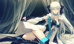 Rule 34 | 1girl, bed, black bow, blue choker, blue eyes, blue ribbon, boots, bow, braid, breasts, center opening, choker, cleavage, clothing cutout, fate/grand order, fate (series), french braid, garter straps, high heels, highres, kawanakajima, large breasts, long sleeves, looking at viewer, morgan le fay (fate), platinum blonde hair, ribbon, short hair, solo, stomach cutout, thigh boots, thighhighs, thighs, two-tone dress, very short hair