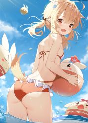 Rule 34 | 1girl, :d, ahoge, animal ears, ass, ball, bikini, blonde hair, blue sky, breasts, chintora0201, cloud, day, dog ears, dog tail, fang, frilled bikini, frills, from behind, genshin impact, highres, holding, holding ball, kemonomimi mode, klee (genshin impact), looking at viewer, ocean, open mouth, partially submerged, patreon username, red bikini, red eyes, short hair, skin fang, sky, small breasts, smile, sunlight, swimsuit, tail