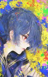 Rule 34 | 1girl, abstract background, absurdres, blue hair, blue sailor collar, hands up, highres, huge filesize, idolmaster, idolmaster shiny colors, long sleeves, morino rinze, paint splatter, paint splatter on face, parted lips, portrait, profile, red eyes, rsef, sailor collar, short hair, sleeves past wrists, solo