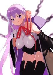 Rule 34 | 1girl, bad id, bad pixiv id, bare shoulders, bb (fate), bb (fate/extra), black coat, black legwear, black skirt, blush, breasts, chain, closed mouth, coat, fate/extra, fate/extra ccc, fate (series), gloves, hair ribbon, high-waist skirt, highres, index finger raised, large breasts, leaning forward, leotard, licking lips, long hair, looking at viewer, neck ribbon, off shoulder, open clothes, open coat, popped collar, purple eyes, purple hair, red ribbon, ribbon, skirt, smile, thighs, tongue, tongue out, very long hair, white background, white gloves, white leotard, wide sleeves, zenshin