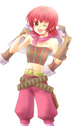 Rule 34 | 1girl, bare shoulders, breasts, iria animi, jacket, midriff, navel, one eye closed, open mouth, pants, red eyes, red hair, short hair, socks, solo, tales of (series), tales of innocence, wink
