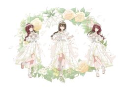 3girls alstroemeria_(idolmaster) braid brown_eyes brown_hair corset dress flower_wreath full_body highres idolmaster idolmaster_shiny_colors idolmaster_shiny_colors_song_for_prism kuwayama_chiyuki multiple_girls official_art osaki_amana osaki_tenka sandals smile toes transparent_background white_dress yellow_eyes