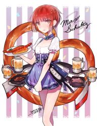Rule 34 | 10s, 1girl, alternate costume, apron, artist name, beer mug, blue apron, brown eyes, brown hair, character name, confetti, cross, cup, cursive, dated, dirndl, dress, german clothes, hot dog, ichikura tokage, iron cross, kantai collection, mug, oktoberfest, open mouth, short hair, signature, solo, striped, striped background, vertical stripes, waist apron, z3 max schultz (kancolle)