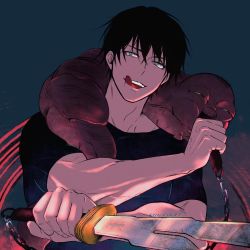 Rule 34 | 1boy, :q, bad id, bad pixiv id, chain, fushiguro touji, green eyes, hair between eyes, highres, holding, jujutsu kaisen, looking at viewer, male focus, short hair, signature, simple background, smile, solo, teeth, tongue, tongue out, upper body, weapon, yinnyart