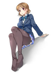 Rule 34 | 10s, 1girl, :o, ajishio, arm support, black pantyhose, blazer, blue bow, blue bowtie, bow, bowtie, brown eyes, brown hair, feet, feet together, foot focus, jacket, koizumi hanayo, long sleeves, looking at viewer, love live!, love live! school idol project, no shoes, open mouth, pantyhose, petticoat, school uniform, short hair, sitting, solo, striped bow, striped bowtie, striped clothes, striped neckwear, white background