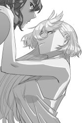 Rule 34 | 2girls, absurdres, bare arms, camisole, closed mouth, commentary request, greyscale, gundam, gundam suisei no majo, hand on another&#039;s shoulder, highres, korean commentary, long hair, looking at viewer, miorine rembran, monochrome, multiple girls, smile, snapagi, suletta mercury, upper body, yuri