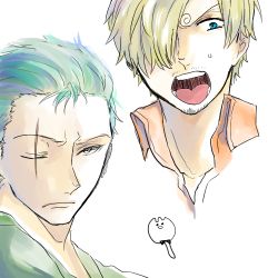 Rule 34 | 2boys, blonde hair, curry gohan, green hair, hair over one eye, lowres, multiple boys, one-eyed, one piece, open mouth, roronoa zoro, sanji (one piece), scar, spork