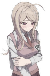 Rule 34 | 1girl, ahoge, akamatsu kaede, blush, breasts, brown necktie, closed mouth, collared shirt, commentary request, danganronpa (series), danganronpa v3: killing harmony, fortissimo, hair ornament, hand on own arm, large breasts, long hair, long sleeves, musical note, musical note hair ornament, necktie, pleated skirt, purple eyes, school uniform, shirt, simple background, skirt, solo, tearing up, upper body, usirome, white background, white shirt