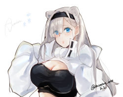 Rule 34 | 1girl, animal ears, arknights, artist name, aurora (arknights), aurora (elite ii) (arknights), bear ears, black hairband, blue eyes, breasts, character name, cleavage, commentary, ete (vacation ete), eyes visible through hair, hair over one eye, hairband, highres, large breasts, long hair, long sleeves, looking at viewer, shrug (clothing), silver hair, simple background, solo, strapless, symbol-only commentary, tube top, twitter username, upper body, white background