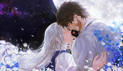 Rule 34 | 1boy, 1girl, black hair, braid, clive rosfield, closed eyes, colored eyelashes, final fantasy, final fantasy xvi, flower, forehead-to-forehead, godsstation, grey hair, heads together, highres, jill warrick, long hair, low-tied long hair, moon, night, night sky, parted lips, petals, scar, scar on face, single braid, sky, star (sky), starry sky