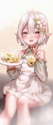 Rule 34 | 1girl, absurdres, apron, bare shoulders, blush, feeding, flower, food, hair between eyes, hair flower, hair ornament, highres, incoming food, jewelry, kokkoro (princess connect!), looking at viewer, millet (milletneko), necklace, open mouth, orange eyes, pointy ears, pov, princess connect!, rice, short hair, silver hair, solo, spoon, white background