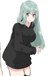 Rule 34 | 1girl, alternate costume, berukuto (berukuto 47), black thighhighs, commentary request, dress, gradient background, grey hair, hood, hooded dress, hooded sweater, kantai collection, leaning forward, smile, solo, suzuya (kancolle), sweater, sweater dress, thighhighs